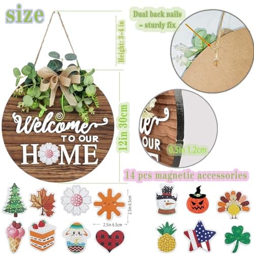 Interchangeable Welcome Sign for Front Door - Rustic Wood Wreath, Farmhouse Porch Hanging for Housewarming Gifts, New Home, Front Door & Porch Decor (12in Round) - Thumbnail 3