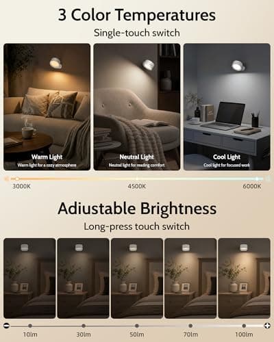 AMETHEUS LED Wall Mounted Lights, Rechargeable Wall Sconces Lamp, 3 Color Temps & Remote and Touch, 360°Rotation Dimmable Cordless Wall Light for Study Bedroom Reading Bedside(White, 1 Pack) - Thumbnail 4