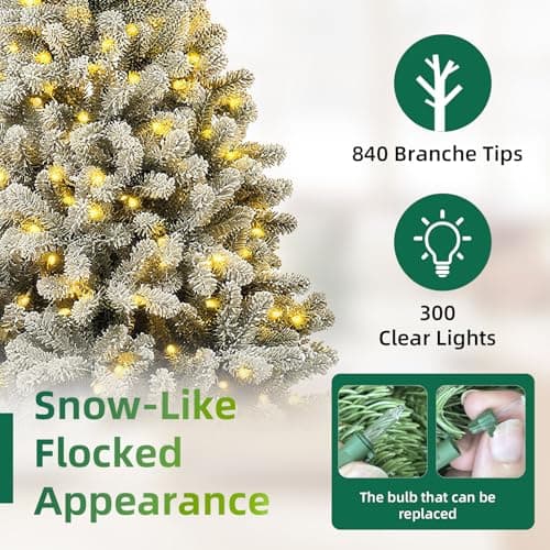Aovotreena 6ft Pre-Lit Snow Flocked Christmas Tree with 300 Warm White Lights, 840 Full PVC Branch Tips, Hinged Quick-Assembly Design, Lush Artificial Xmas Tree for Winter Holiday Décor - Thumbnail 4
