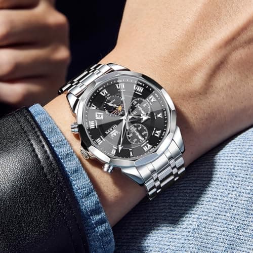 OLEVS Watch Men Luxury Black Face Sliver Stainless Steel Dress Waterproof Wrist Watches for Men Casual Analog Quartz Moon Phase Chronograph Mens Watch Relojes De Hombre - Thumbnail 2