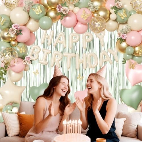 Pink and Sage Green Birthday Decorations, Pink Green Sand White Metallic Gold Foil Confetti Balloons Happy Birthday Banner Gold Butterfly Fringe Curtains Birthday Decorations for Women Girls Teens - Thumbnail 3