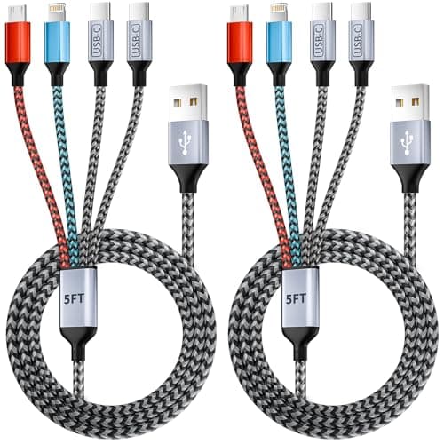 Dual Type-C Ports USB Multi Charging Cable Cord, 4 in 1 Charging Cables for Multiple Devices, Multi Charger Phone Charger Cord with iPhone 17/IP/Micro Port for iPhone 16-12/Android/iPad(5FT 2Pack) - Image 1