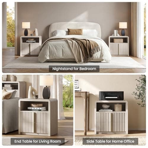 ModernMate Nightstand Set of 2, 23.6" Fluted Night Stand with 2 Drawers, Curve Profile Bedside Table with Solid Metal Handle, Thicken End Side Table for Bedroom, White Alder - Thumbnail 5
