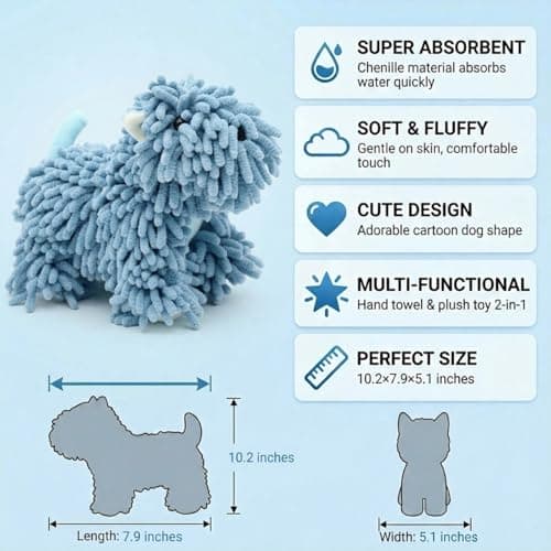 FAGOBI Cute Dog Chenille Hand Towel, 3D Fuzzy Puppy Hangable Ball Hand Towel Microfiber Super Soft Absorbent Bathroom & Kitchen Towels with Hanging Loop, Can Be Placed on the Sink Countertop (Blue) - Thumbnail 3