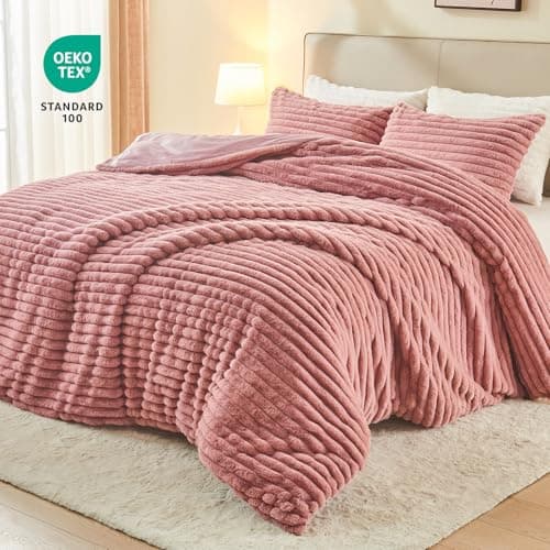 EMME Faux Fur Duvet Cover King Size, 3 Pieces Ultra Soft Fluffy Comforter Cover, Cozy Warm for Winter, Luxury Elegant Shaggy Striped Design Bedding, 1 Duvet Cover & 2 Pillow Shams (King, Old Pink) - Thumbnail 3