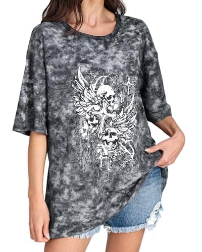 Women's Skull Wings Tee, Vintage Washed Gothic T-Shirt with Casual Crewneck Short Sleeve Top, Relaxed Fit Streetwear Shirt - Image 1