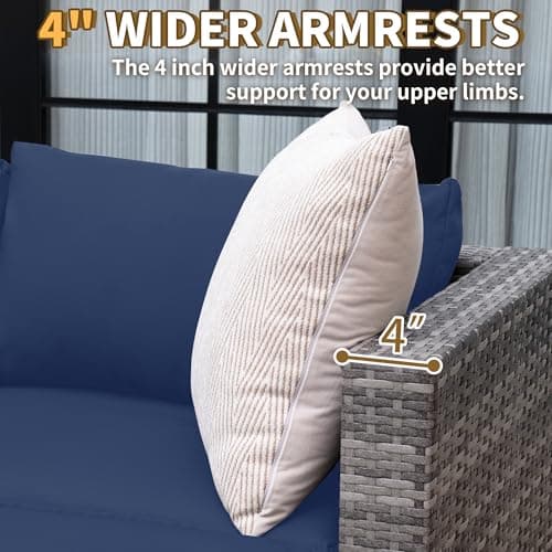 UDPATIO 5 Piece Patio Furniture Set, All-Weather Wicker Outdoor Sectional Sofa, L Shaped Outdoor Conversation Couch with Ottoman, Glass Table for Balcony Porch Backyard, Blue - Thumbnail 6