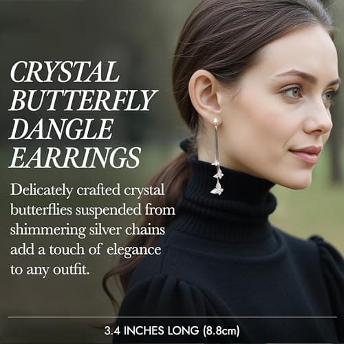 Kruckel Butterfly Dangle Earrings with Crystals (925 Sterling Silver) Includes Present Box – Hypoallergenic, Lightweight, Safe for Sensitive Skin - Thumbnail 2