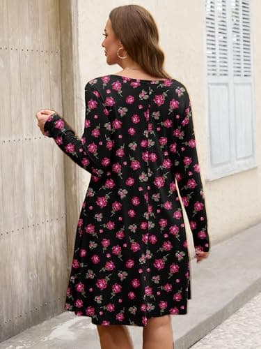AusLook Plus Long Sleeve Dress for Women 2025 Fall Winter Casual Flowy A-Line Boho Midi Party Vacation Maternity Wedding Guest Work Black Pink Rose 2X Dresses with Pockets - Thumbnail 6