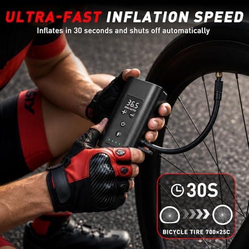 ISAMUTO Mini Electric Bike Pump with LED Light, 150 PSI Portable Bicycle Tire Inflator with Digital Gauge & Auto Shut-Off, Rechargeable Bike Air Pump for Presta/Schrader Valves, Road Bike, MTB, E-Bike - Thumbnail 4
