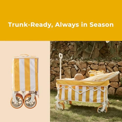 DEER LAND Beach Wagon Cart with Big 6.7" Fat Tires, Foldable Sand Wagon for Beach, Camping & Outdoor Use – Large Capacity, Easy Pull Design, Cala Serena Ochre Stripe - Thumbnail 4