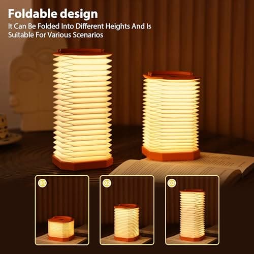 Ba suns Portable Paper Lamp,White Accordion Desk Lamp,Japanese Lanterns lamp for Home Decoration and Gift,Dimmable Bedside Lamp,1200mAh USB Powered Night Light for Bedroom,Office,Reading （Orange - Thumbnail 2
