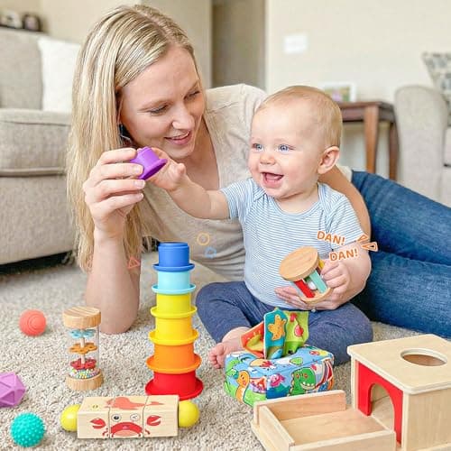 Montessori Toys for Babies 6-12 Months,1 Year Old,8 in 1 Baby Sensory Toy for 12-18 Months Toddler,Wooden Educational Development Toys with Soft Stacking Cup&Sensory Ball&Tissue Box - Thumbnail 6