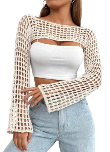 Mincib Womens Crochet Shrug Y2K Hollow Out Bolero Shrug See Through Cropped Knit Sweater Top(Beige,S) - Image 1