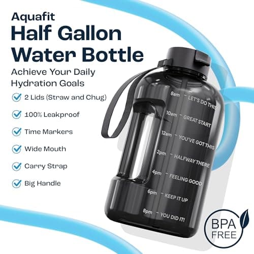 AQUAFIT Half Gallon Water Bottle with Time Marker - Straw & Chug Lid - BPA Free Gym Water Bottle with Straw - Big Gallon Jug (Blue Skies, 64 oz - 2 Lids) - Thumbnail 2