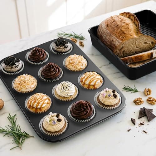 16-Piece Nonstick Bakeware Set with Oven Mitts, Donut Pan, and Heart Pan, Stackable Carbon Steel Baking Pans Set with Kitchen Utensils and Rack, Ceramic Coating, Black - Thumbnail 6