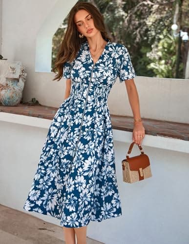 GRACE KARIN Womens Summer Maxi Floral Dress Casual 2026 Long Zipper Dresses Boho Flowy Beach Vacation Sundress with Pockets Blue Floral M - Thumbnail 2