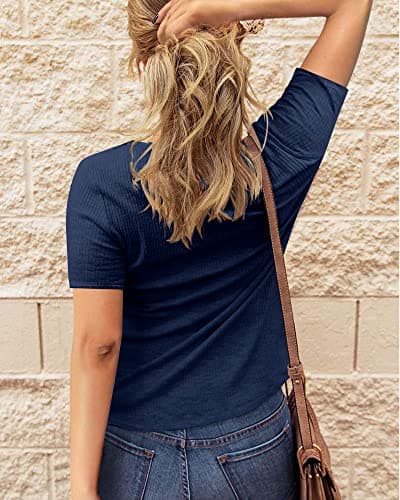 BTFBM Womens Tops 2026 Summer Top Henley V Neck Short Sleeve Button Slim Fit Casual Ribbed Shirts Blouses Spring Outfits(Navy, Medium) - Thumbnail 4