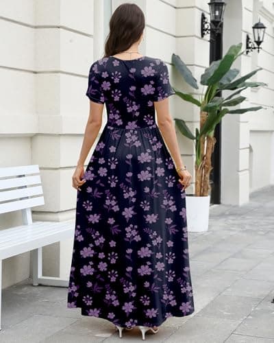 COSSEN Women’s Crewneck Short Sleeve Maxi Dress Purple Print Large with Pockets – Casual Loose Swing Sundress for Wedding Guest, Beach & Vacation - Thumbnail 2