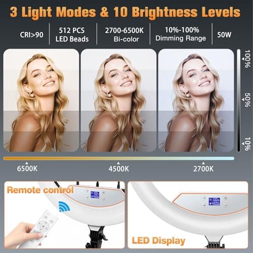 22'' Ring Light with 75'' Tripod Stand, LED Display/2 USB Ports/6500K Dimmable Ring Light for ipad Phone Holder for Tattoo Lash Live Makeup Video Recording TikTok Barber Stylist Photography - Thumbnail 4