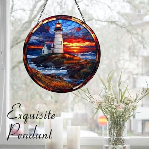 Zizzie Coastal Lighthouse in Autumn Suncatcher -7.9 in Stained Glass Window Hanging Sun Catcher Garden Decor - Thumbnail 5