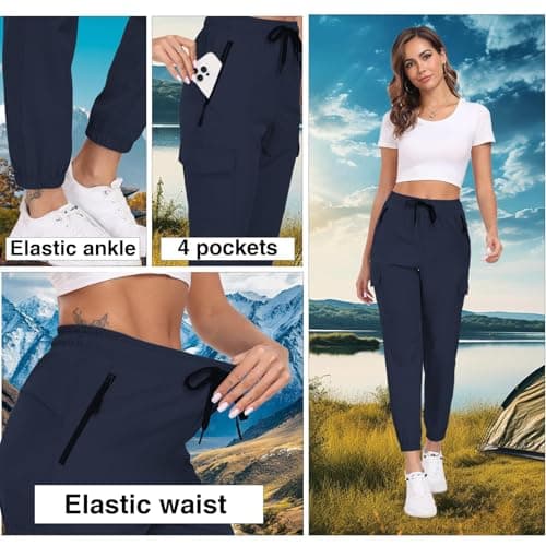 Womens Cargo Joggers with Pockets Hiking Pants Water Resistant Quick Dry Lightweight Elastic Waist Drawstring UPF 50+ Travel Casual Work Jogging Dark Blue M - Thumbnail 5