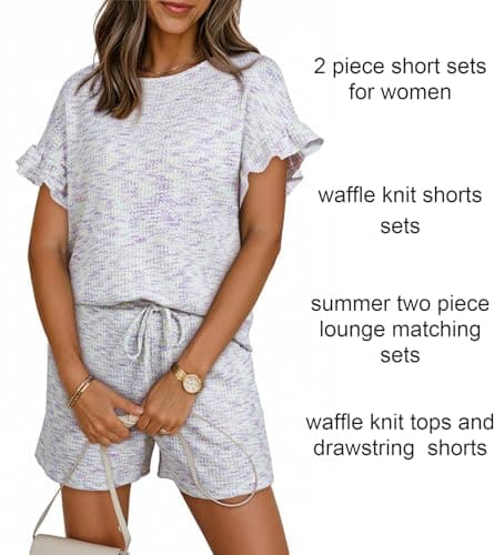 Dokotoo Womens Short Sleeve Shorts Set Soft Viscose 2 Piece Lounge Sets Casual Summer Outfits with Drawstring Waist and Side Pockets White Purple Medium - Thumbnail 5