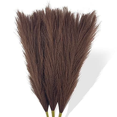 Faux Pampas Grass Small, 17" Dark Brown Artificial Pampas Grass Fluffy 3 Pcs pompous Grass Flower Arrangement and Vase Filler for Boho Home Wedding Decoration - Image 1