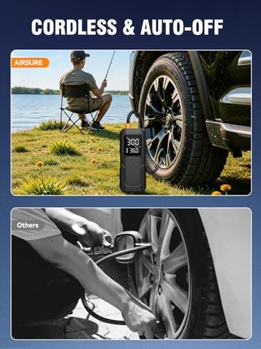 AIRSURE Tire Inflator Portable Air Compressor, 5X Faster Air Pump for Car Tires with Powerful Battery, 12V DC & Autostop, 150PSI Cordless Tire Pump for Car, Motorcycle, Bike, Balls - Thumbnail 5