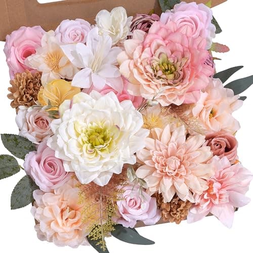 AKAUKIN Light Pink Artificial Flowers Combo, Fake Silk Dahlia Roses Bulk with Stems Box Mix for Wedding Bridal Bouquets, Baby Shower, Party, Table Centerpieces, Home Decor & DIY Floral Arrangements - Image 1
