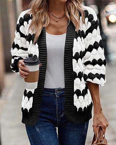 KIRUNDO Women's Cardigans 2026 Fall Trendy Open Front Chunky Color Block Lantern Sleeve Cute Striped Cable Knit Winter Sweater Coat Fashion Clothes(White, Large) - Thumbnail 4