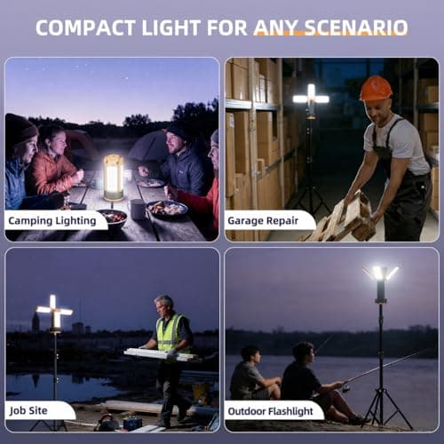 T-SUN Rechargeable Camping Light with Stand, 10400mAh LED Work Light 4100 Lumens with 4 LED Lamp Heads, Portable Work Light with Detachable Tripod 67" Max Height (Orange) - Thumbnail 2