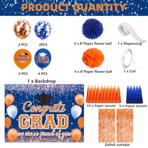 Graduation Decorations Class of 2026, Congrats Grad Backdrop, Graduation Balloons, Paper Pompoms, Paper Tassels, Foil Curtains for 2026 Graduation Party Decorations(Blue Orange) - Thumbnail 2