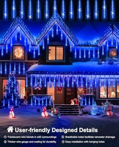 EAGWELL Christmas Lights Outdoor 16 Inch Meteor Shower Rain String Lighting, 20 Tube 960 LEDs Icicle Tree String Decor for Halloween Yard Party Patio Xmas Decoration,Blue - Thumbnail 2