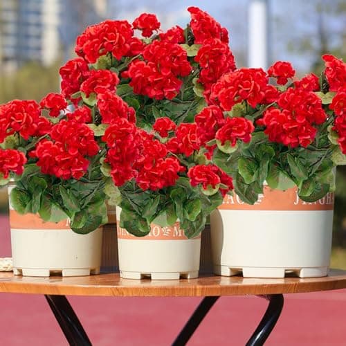 BSMYBO 6PCS Artificial Geraniums Outdoor Flowers, Faux Red Geraniums Artificial Flowers Plants Outdoor UV Resistant Plants, Realistic Silk Flowers for Cemetery, Front Porch Decor, Table Centerpiece - Thumbnail 2