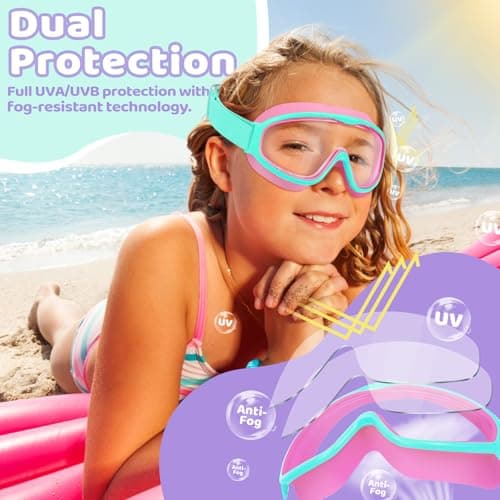Vvinca Kids Swim Goggles with Comfort Fabric Strap 2 Pack, Wide View Anti-Fog/UV No Leak Swimming Goggles for Kids 3-14 Boys Girls Toddler - Thumbnail 3