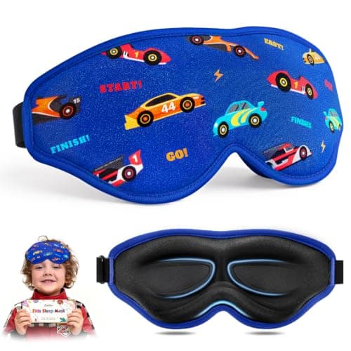 BeeVines Kids 3D Contoured Sleep Mask, 100% Blackout Sleeping Eye Masks for Boys, Pressure-Free Memory Foam Cushioned Eye Cover, Adjustable Strap, for Travel Gifts (Racing Car)
