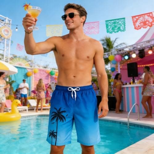 Swim Trunks Men with Compression Liner Stretch Blue White Swimming Trunks for Mens Novelty 9" Men Bathing Suit Beach Shorts Brief Liner Quick Dry Men's Board Shorts Suits Summer Swimwear L - Thumbnail 2