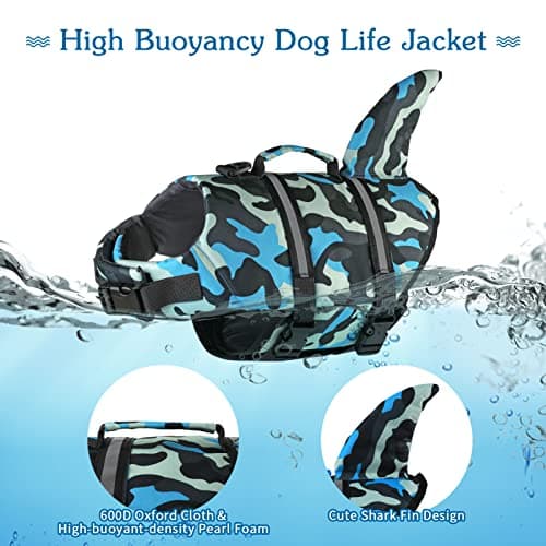 Dogcheer Dog Life Jacket Shark, Ripstop Dog Life Vest for Swimming Boating with Reflective Stripes & Rescue Handle, High Buoyancy Pet PFD Swim Vest for Small Medium Large Dogs - Camo Blue, M - Thumbnail 4