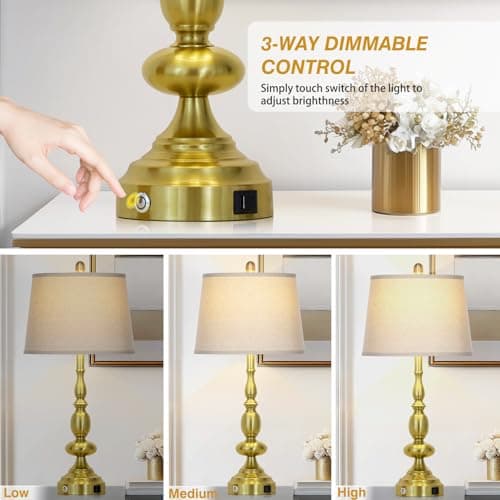 29" Tall Table Lamps for Living Room Set of 2 with USB C+A Charging Ports, Gold Farmhouse 3-Way Dimmable Bedside Lamps, Modern Industrial Nightstand Lamps for Bedroom End Table(2 LED Bulbs Included) - Thumbnail 4