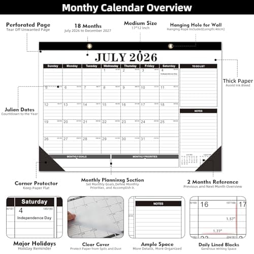 Tcamp Desk Calendar 2026-2027, Large Desktop Calendar 2026-2027 (Jul. 2026 - Dec. 2027), Big 17" x 12" Wall Monthly Calendar with Julian Dates, 18 Months Desk Planner for Home School Office Desktop - Thumbnail 5