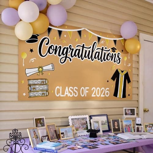 2026 Graduation Decorations - Graduation Banner DIY - Class of 2026 Congratulations Congrats Banner, 61 x 32 Inch Black and Gold Photo Backdrop for Kindergarten High School College Party Wall Decor