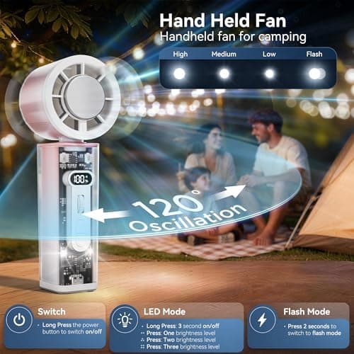 Portable Fan Rechargeable Oscillating Fans: Cruise Essentials 2026 Ice Cooling Fan 1-100 Power Wind - Handheld Fans Turbo with Flashing Light,Led Display - Fits Summer Outdoor Camping Cruise --PINK - Thumbnail 5