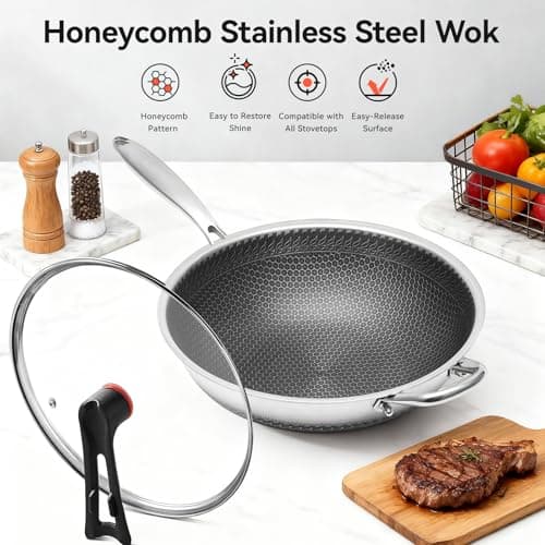 WANGYUANJI Stainless Steel Wok Pan with Lid, 12.6 Inch Honeycomb Hybrid Nonstick Stir Fry Pan, Tri-Ply Clad Skillet for Induction Electric Gas Stove, Dishwasher Safe, No Seasoning Needed (Serves 3-4) - Thumbnail 6