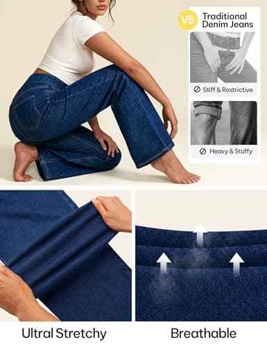 AVAMO Stretchy Wide Leg Jeans for Women Baggy Pull On High Waisted Jeans Elastic Sweatpant Jean Trendy Straight Denim Pants - Thumbnail 4