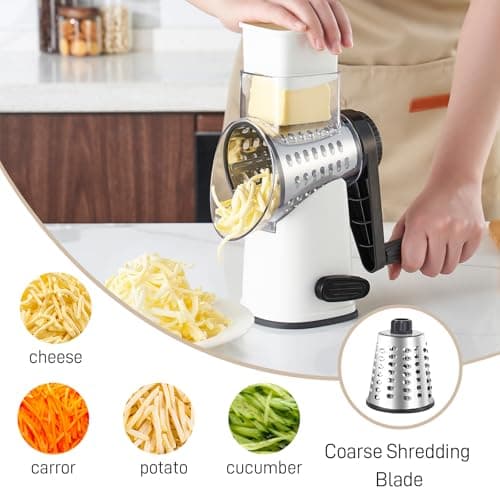 Weltonhm Rotary Cheese Graters with 4 Blades, Hand Crank Cheese Grater with Waffle Slicer, Red, Black and White Cheese Shredder with Suction Base, Easier for Shredding & Grating (White, 4 Graters) - Thumbnail 5
