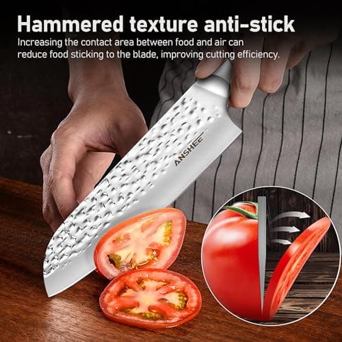 anshee 7 Inch Japanese Santoku Knife - Hammered Finish High-Carbon Stainless Steel Precision Cold Forged Chef Knife with Wood Handle, Multipurpose Kitchen Knife for Slicing Meat, Vegetables, Fruits - Thumbnail 2