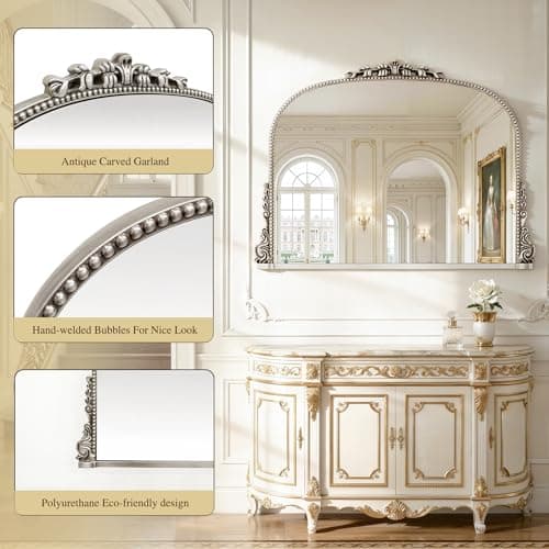 26x38 inch Vintage Arched Gold Ornate Baroque Mirror - Wall Vanity Mirror with Beautiful Retro Top and Bottom Engraving Process Frame for Bathroom, Living Room, Fireplace, Entryway, HD Tempered Glass - Thumbnail 5