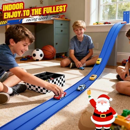 MozoaLata Flexible Race Track for Kids 15ft Race Car Track, Rolls Up Portable Racetrack Compatible with Hot Wheels & Diecast 1/64th Cars,2025 Christmas Birthday Gift, (2 Lane Tracks - Blue) - Thumbnail 3