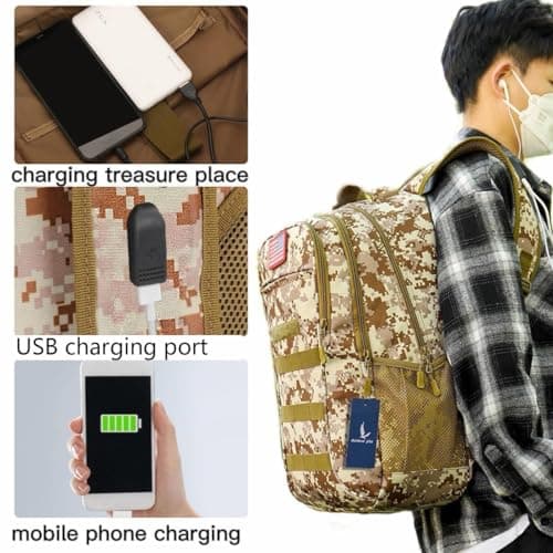 outdoor plus Camo Backpack,Military Boys Backpacks for School,40L Army Bookbag with USB Charging Port Waterproof - Thumbnail 4